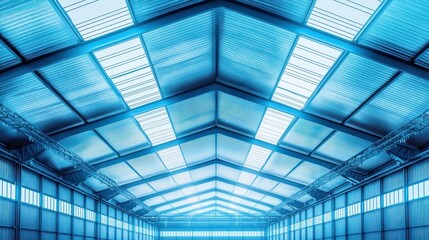 Industrial warehouse interior with a modern, illuminated ceiling.