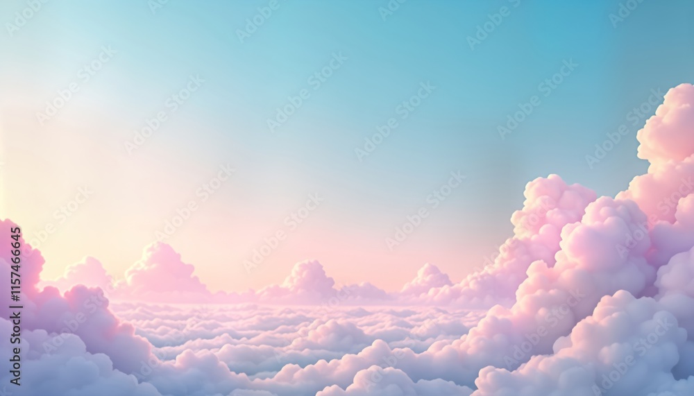 Poster pastel sky background with fluffy clouds in soft colors. gradient colors of light blue, pink create 