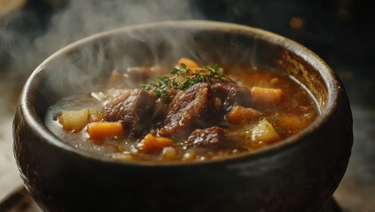 beef stew in rustic ceramic bowl