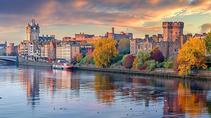 Scenic autumnal cityscape with river, castle, and colorful foliage at sunset.