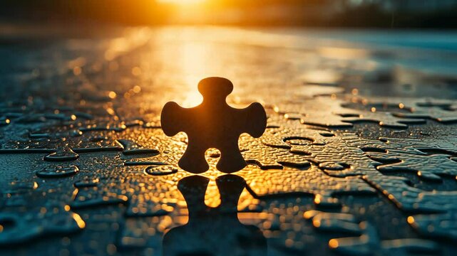 Puzzle piece stands alone at sunset on a wet surface reflecting warm light