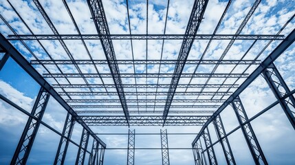 Steel framework of a building under a cloudy sky.