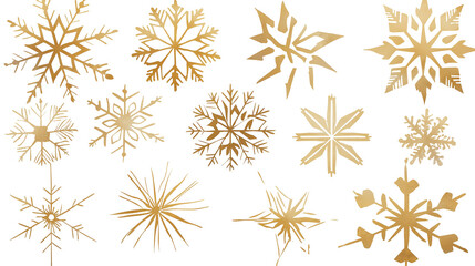 Golden snowflake confetti scattered in a minimal and elegant style, with intricate golden snowflakes of various sizes spread beautifully across a clean white background.