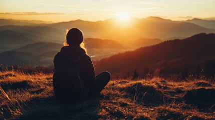 Obraz premium Golden Hour Serenity: A Backpacker's Sunset View