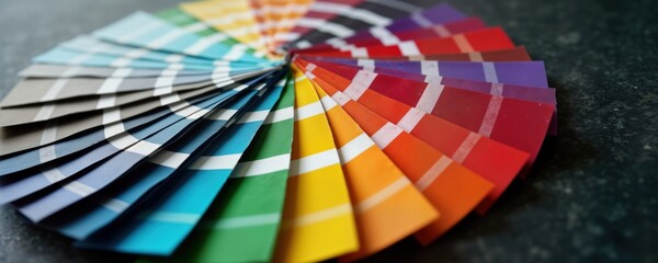 Color swatches arranged in fan shape on dark concrete surface. Variety of colors displayed for design, decorating. Spectrum of hues shows comprehensive selection. Designers decorators use palette to