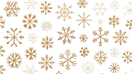 Fototapeta premium Golden snowflake confetti scattered in a minimal and elegant style, with intricate golden snowflakes of various sizes spread beautifully across a clean white background.