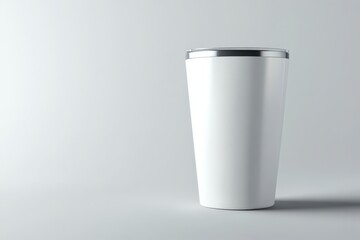 A sleek white metal drinking cup placed in a studio setting with minimalist aesthetics.
