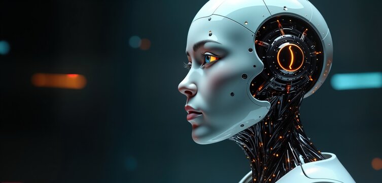 Futuristic female humanoid robot profile. AI generated tech portrait. Cybernetic design glowing detail. Woman face with robotic features. Advanced technology concept art. Innovation in digital