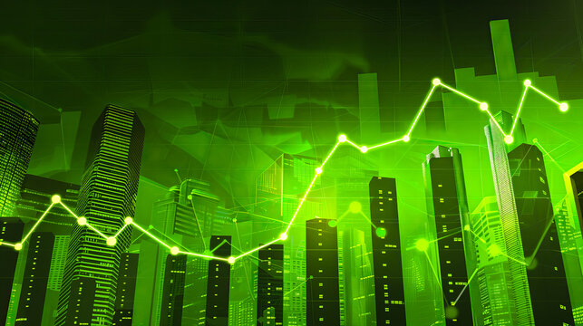 A conceptual image of rising real estate prices represented by glowing green graphs and city buildings.