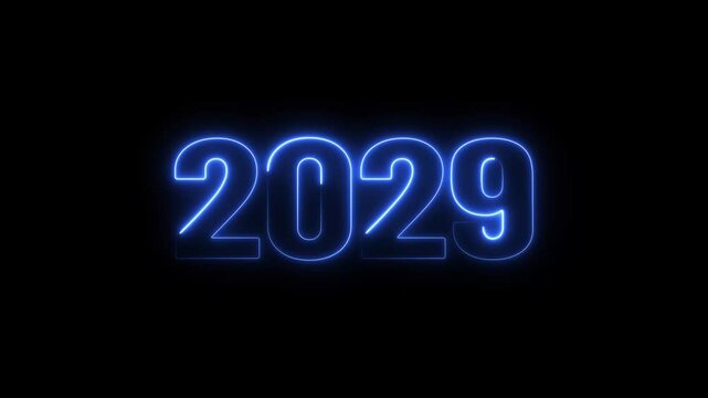 2029 neon text background animation. Glowing neon number text happy new year background.