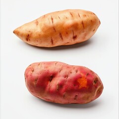 Fresh Sweet Potatoes and Taro Root on White Background