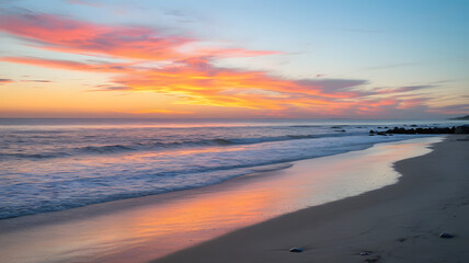 Fototapeta premium A photo of a serene beach at sunrise. The sky is painted with orange, pink, and blue hues.