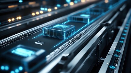 Obraz premium A closeup of a conveyor belt showcasing packages moving seamlessly along the line with sensors and cameras positioned strategically to monitor each items progress.
