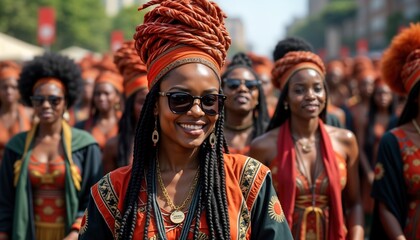 Large group of people march in vibrant African cultural clothing. Black Awareness Day demonstration. Participants wear traditional attire. Event shows unity, cultural pride. People express support
