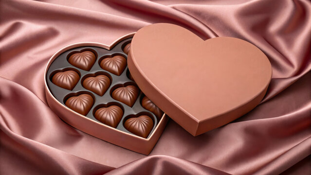 Heart-shaped chocolate box colorer of mocha mousse  of chocolates on satin fabric. Trend color 2025.