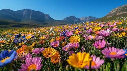 Obraz premium Vibrant wildflowers bloom in a field against a majestic mountain backdrop under a clear blue sky.