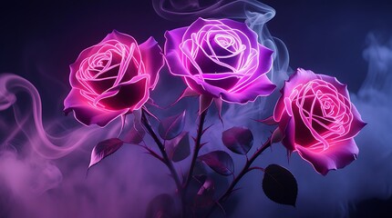 Vivid Neon Outlined Roses Emerging from a Smoky Background in a Mystical Scene – AI-generated