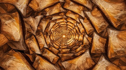 A detailed view of a pine cone's interior, showcasing its intricate, spiral pattern and warm brown hues.
