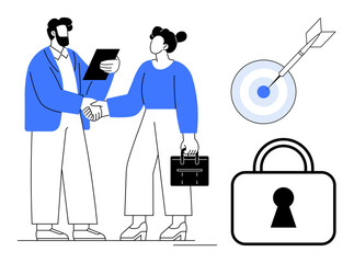Business partners shaking hands, a target with an arrow hitting the center, and a secure lock symbol. Ideal for business agreements, teamwork, goal setting, achievement, security, trust