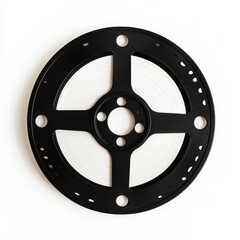 Fototapeta premium Retro Reel's Core: A close-up view of a retro film reel, the black circular casing frames the pristine white film roll, creating a captivating contrast of textures.