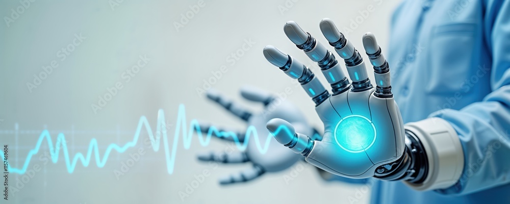 Poster futuristic robotic hand interacts with medical data display. advanced medical tech assisting surgeon