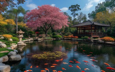 Serene koi pond in a Japanese garden with cherry blossom tree and gazebo.