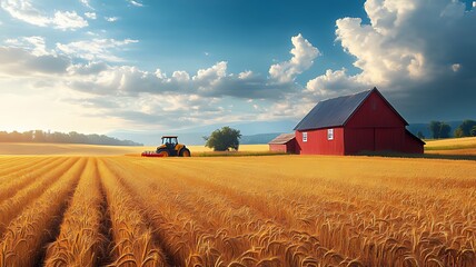 Golden wheat field at sunset with red barn and tractor.
