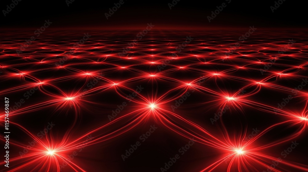Poster a captivating digital landscape featuring a grid of glowing red lines and stars against a dark backg