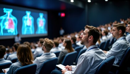 Medical students, interns attentively listen to experts at healthcare conference. Focused on presentation about medical innovations. Conference hall filled with professionals eager for knowledge