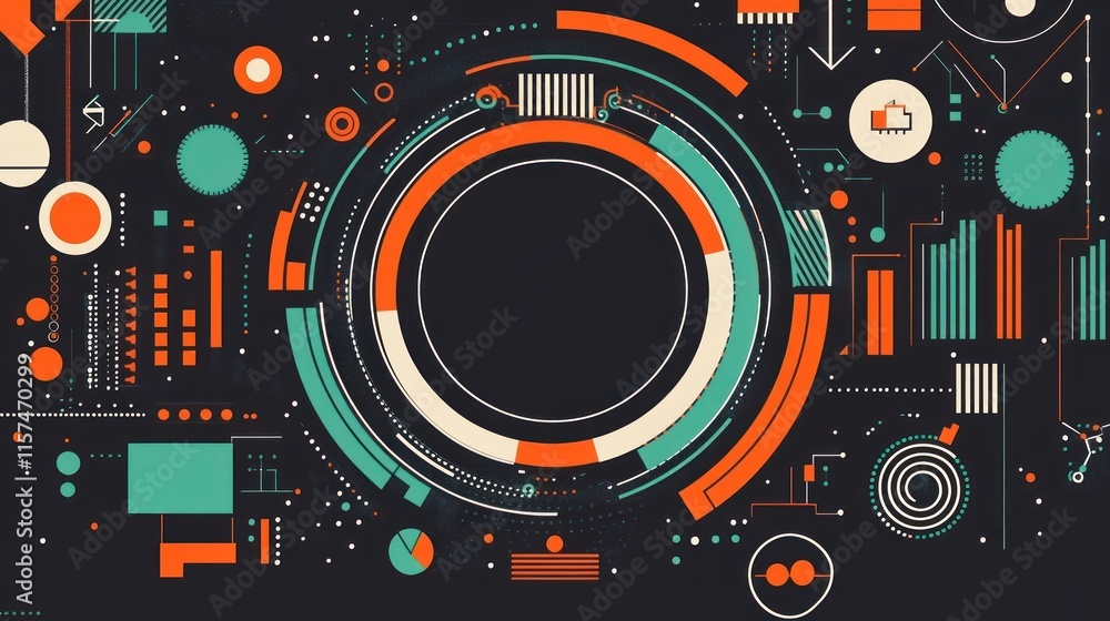 Poster abstract tech interface design circular elements orange teal