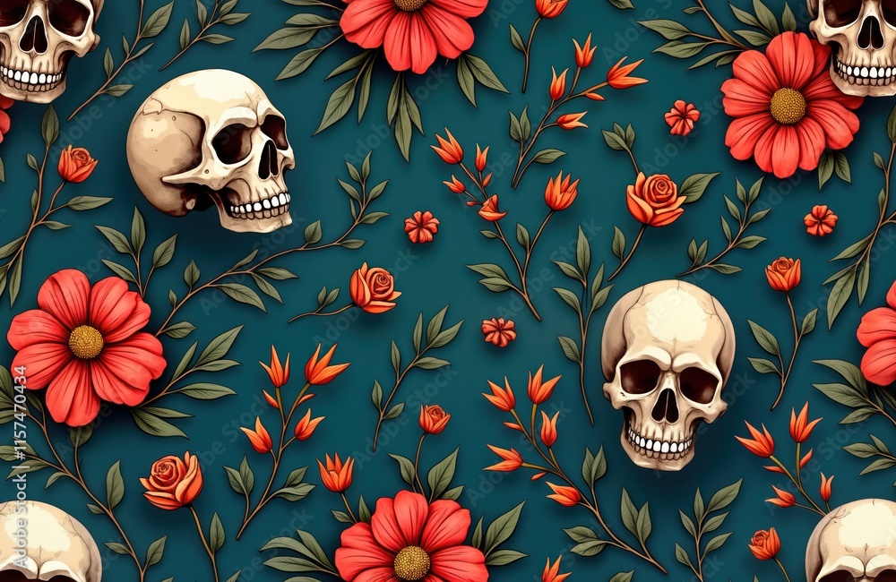Poster floral skull seamless pattern design creates decorative background. deep teal background features st