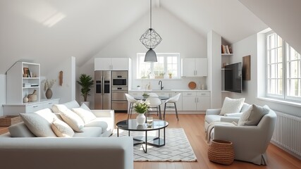 Attic White Living Room Kitchen Corner - Bright, Modern, AI Photo