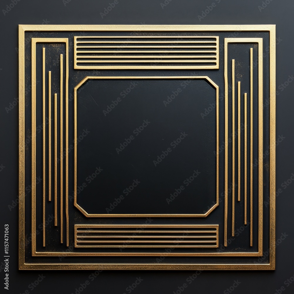 Poster art deco frame: a classic art deco style frame with a bold, geometric pattern of gold lines, creatin