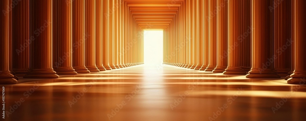 Poster A serene corridor of towering columns leads to a bright light, creating a captivating perspective and an inviting atmosphere of tranquility.