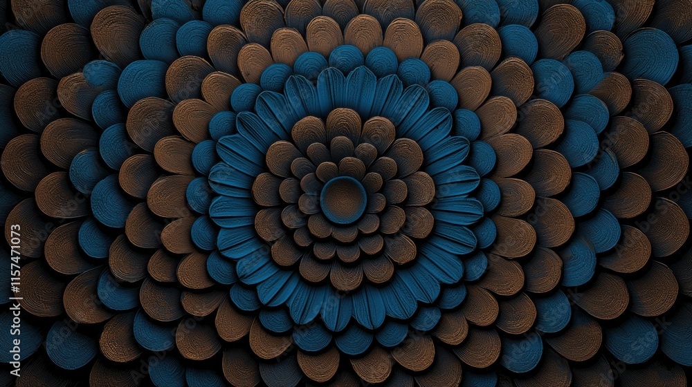 Poster a visually captivating circular pattern made of layered, textured shapes in shades of blue and brown