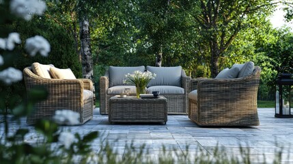 Cozy outdoor seating area surrounded by greenery and flowers.