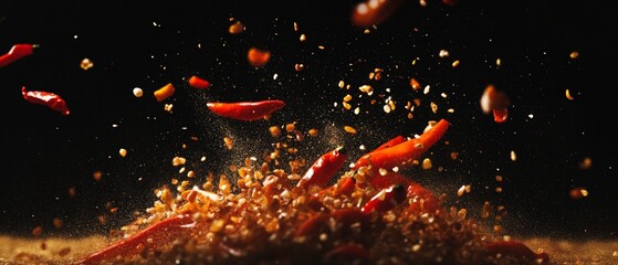 Spicy chili peppers exploding with flavor, vibrant red spices in motion, culinary cooking ingredients, and vibrant food preparation for gourmet dishes.