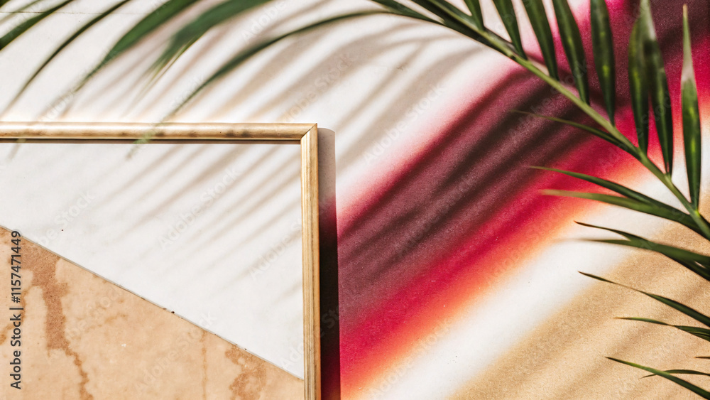 Poster a minimalist composition of shadows from palm leaves on warm-toned geometric surfaces, with a golden