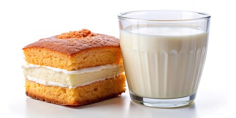 Homemade cake with milk, white background.