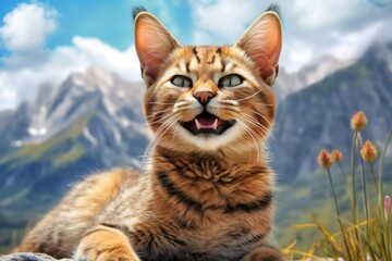Obraz premium Portrait of a smiling chausie cat isolated on backdrop of mountain peaks