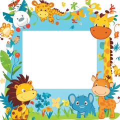 Naklejka premium Jungle Friends Frame: A playful and colorful frame featuring a diverse group of adorable jungle animals - lion, giraffe, elephant, rhino, zebra.