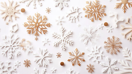 Golden snowflake confetti scattered in a minimal and elegant style, with intricate golden snowflakes of various sizes spread beautifully across a clean white background.