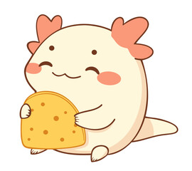 Cute axolotl eating tortilla. Vector isolated illustration in kawaii style