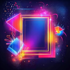 Obraz premium Neon Geometric Frame: A vibrant, futuristic design with glowing neon geometric shapes, including squares, triangles, and rectangles, against a dark background.