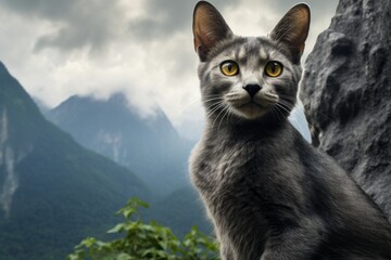 Obraz premium Portrait of a curious korat cat on backdrop of mountain peaks
