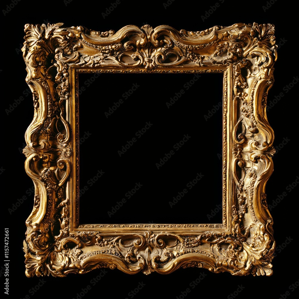 Poster gilded frame on black: an ornate gold frame with intricate carvings and a deep black background, cre