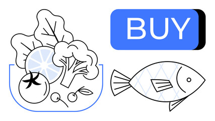Fresh vegetables thumbs up broccoli, lettuce, and tomatoes in a bowl, and a fish next to a blue Buy button. Ideal for online shopping, groceries, healthy eating, ecommerce, diet planning, food