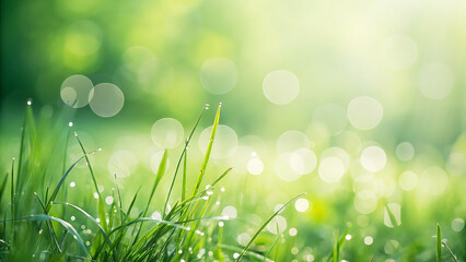 Green Nature Bokeh Background with Fresh Grass and Blurred Light