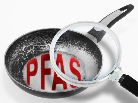 ALERTNESS ABOUT DANGEROUS PFAS Perfluoroalkyl and Polyfluoroalkyl substances in cookware, non stick frying pan - Concept with magnifying glass
