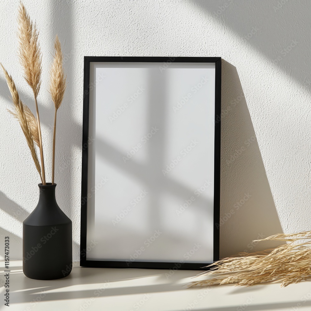 Poster minimalist frame mockup: a sleek black frame with a blank canvas rests on a table with dried pampas 
